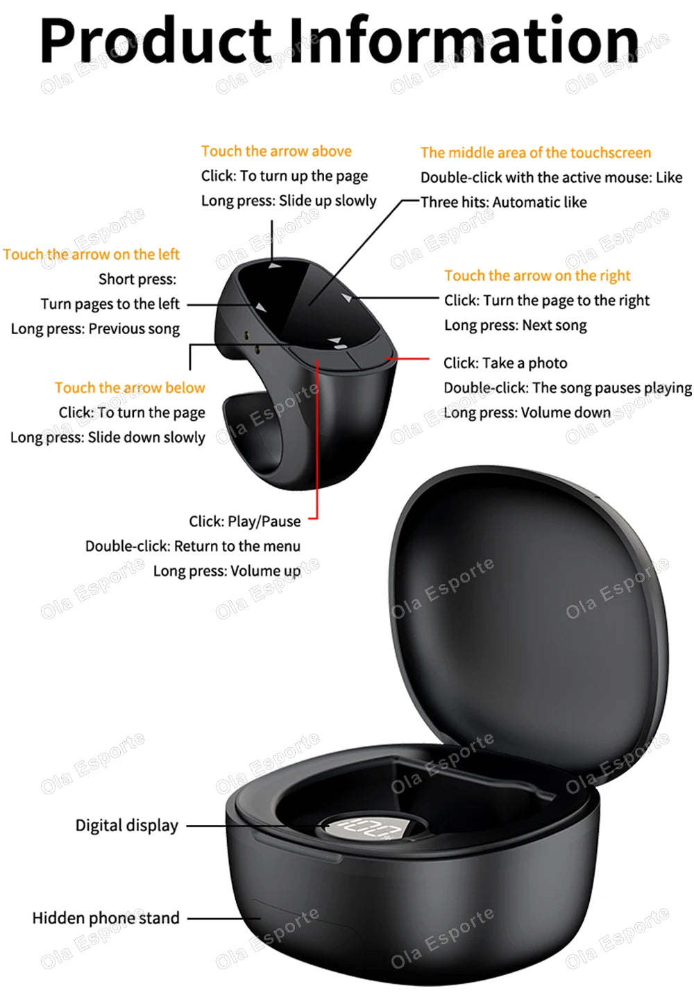 Rodillo anillo para la yema del dedo Control remoto inalámbrico Bluetooth móvil Selfie ratones vídeo giratorio de página automático navegación para Android IOS
