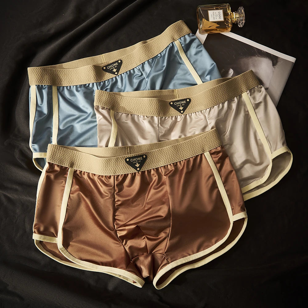 3 unids/pack de lujo sólido tipo satén Boxer hombre fresco 10A seda antibacteriana bolsa en forma de U bragas de hombre calzoncillos de cintura alta elástica