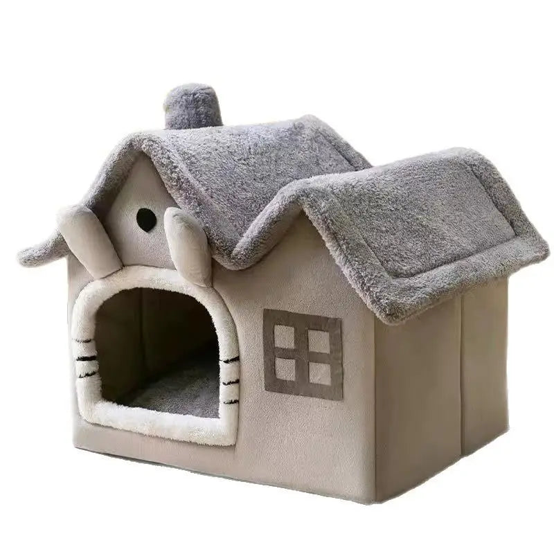 Casa Plegable para Mascotas con Doble Techo y Alfombra Cálida