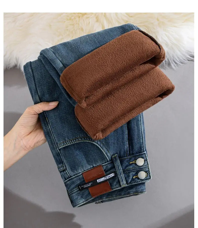 Pantalones Vaqueros de Pierna Ancha con Forro Polar para Mujer, Cintura Alta