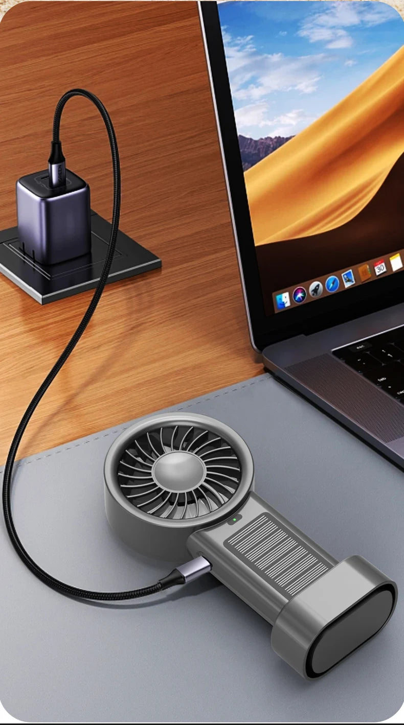 Ventilador solar portátil 5 velocidades, recargable USB para camping