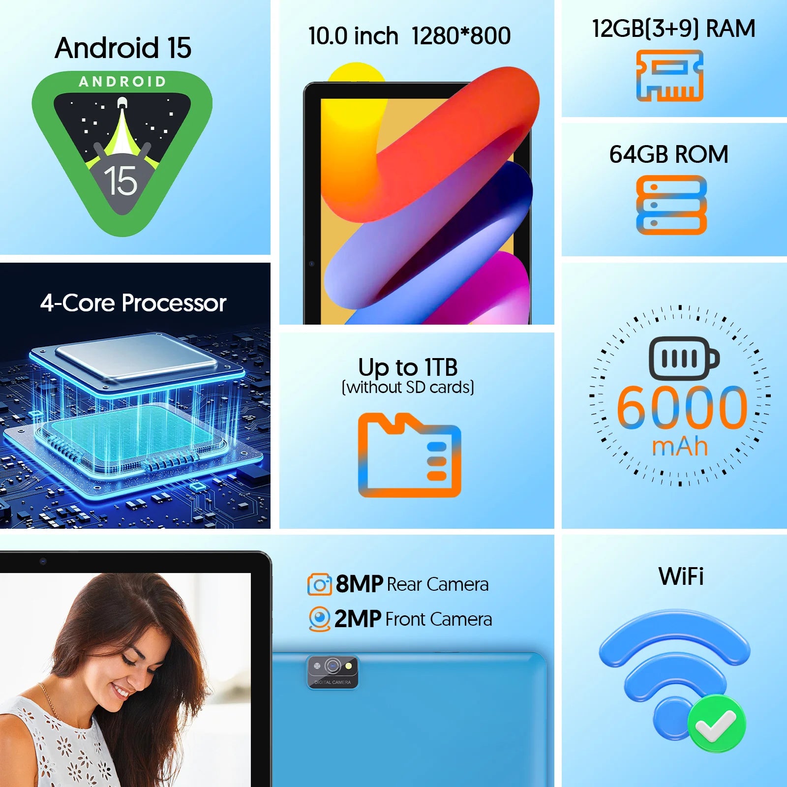 Tablet Android 15 de 10": 12GB RAM, 64GB ROM, cámaras duales, 6000mAh