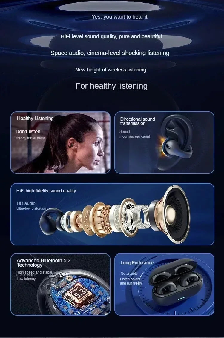 Auriculares Bluetooth 5,3 auriculares inalámbricos de conducción ósea Clip oreja música cancelación de ruido llamada HD auriculares deportivos para juegos