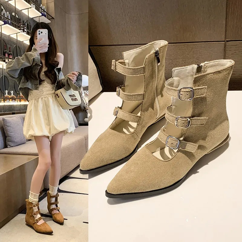 Botines de mujer en ante con hebillas y cremallera, estilo retro occidental