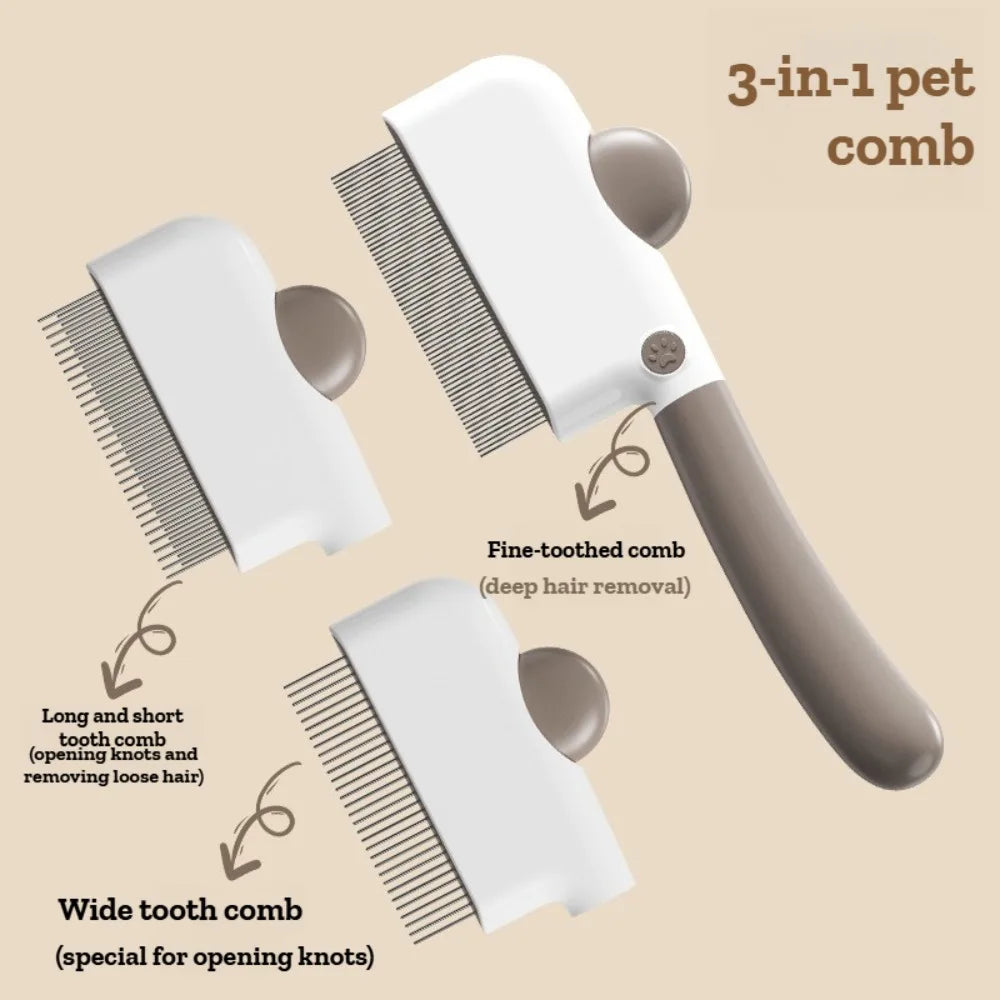 Peine 3 en 1 para Mascotas con Dientes Intercambiables Finos, Anchos y Largos para Gatos y Perros, Desenreda y Elimina el Pelo Suelto
