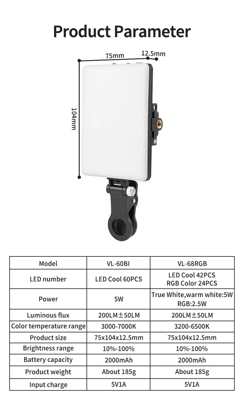 Mini luz de relleno RGB LED de bolsillo recto, iluminación para fotografía y vídeo, Clip Vlog en vivo para teléfono, iPhone, iPad, cámara portátil
