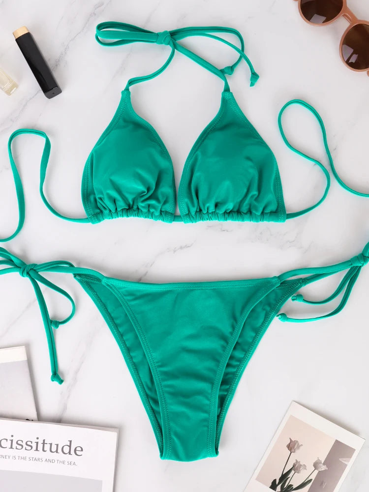 Bikini Tanga Mujer Dos Piezas con Cordones, Estilo Playa Verano