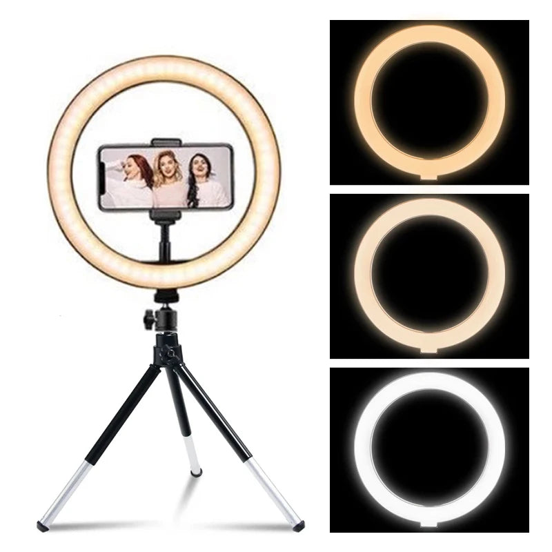 Anillo de luz LED para fotografía, 3 modos, anillo de luz regulable para Selfie con trípode y soporte para teléfono para vídeo TikTok, lámpara de relleno para maquillaje en vivo