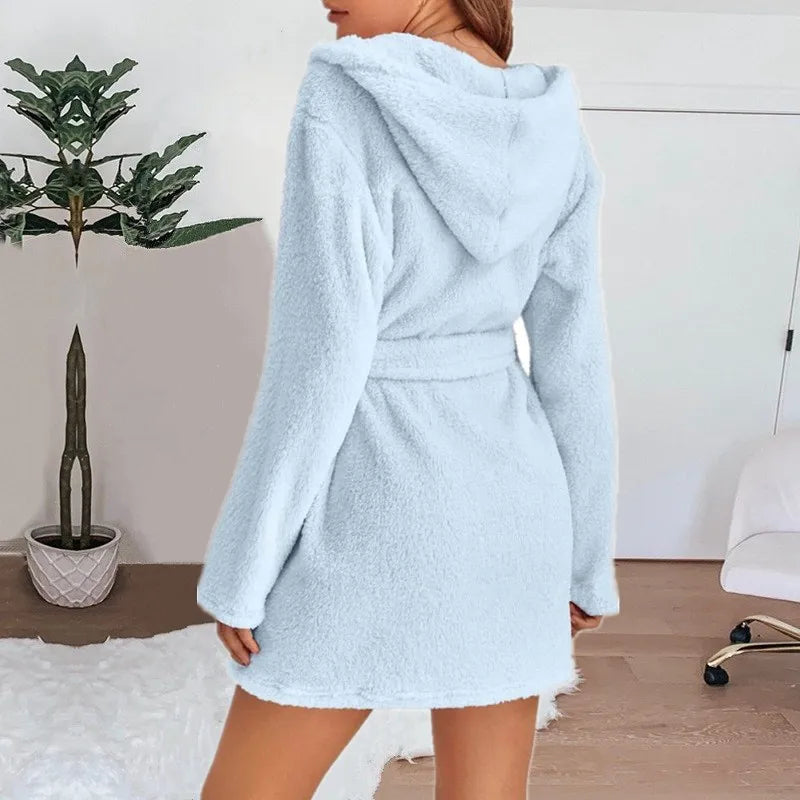 Otoño Invierno mujer bata de baño Sexy pijamas de felpa esponjosos señoras con capucha vestido de Color sólido Albornoz cálido ropa de descanso femenina