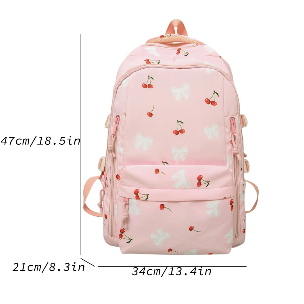 Mochila de Nailon con Estampado de Cerezas y Lazos para Escuela