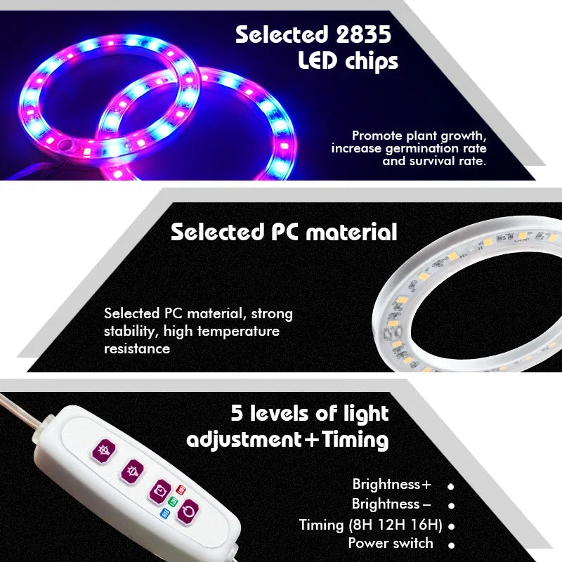 Anillo de Ángel LED para cultivo de luz, fitoamplificador USB de 5V CC para plantas, lámparas de espectro completo para plantas de interior, plántulas de invernadero, flores para el hogar