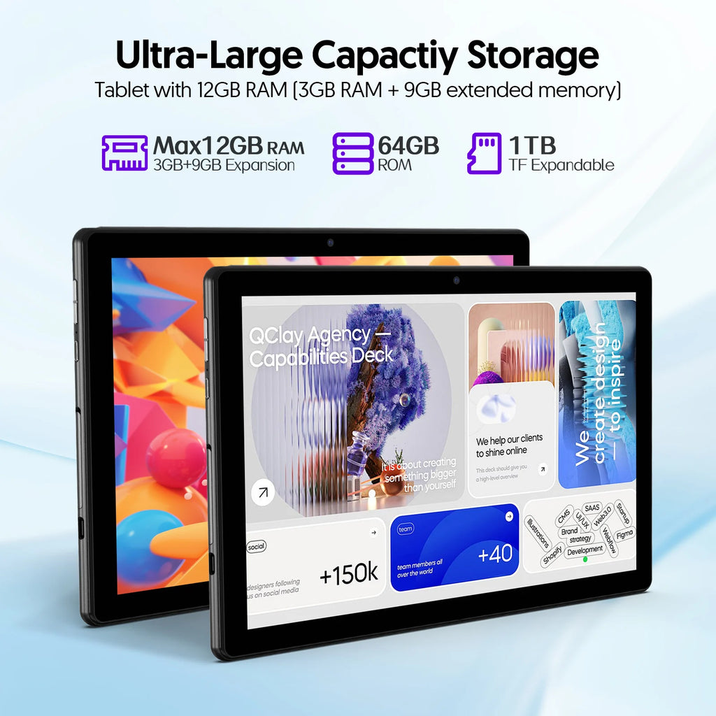 Modelo 2026 (Versión Mejorada) |   Tableta Android 16 de 10.1 Pulgadas |   Procesador de Cuatro Núcleos |   12GB (3GB + 9GB) de RAM + 64GB de ROM |   Wi-Fi 6