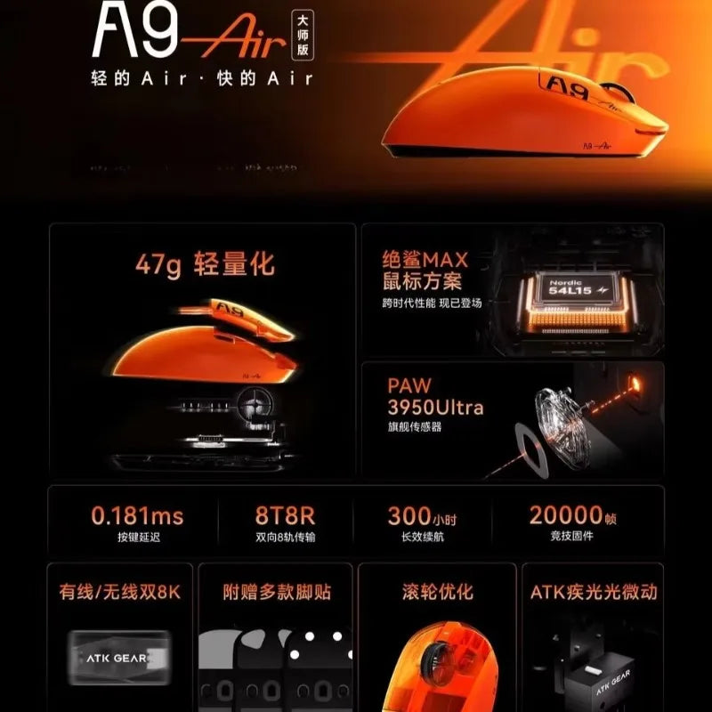 Ratón inalámbrico ATK A9 Air Ultimate Master Edition PAW3950 UItra 53g, juego ergonómico ligero, deportes electrónicos, accesorios personalizados, regalos