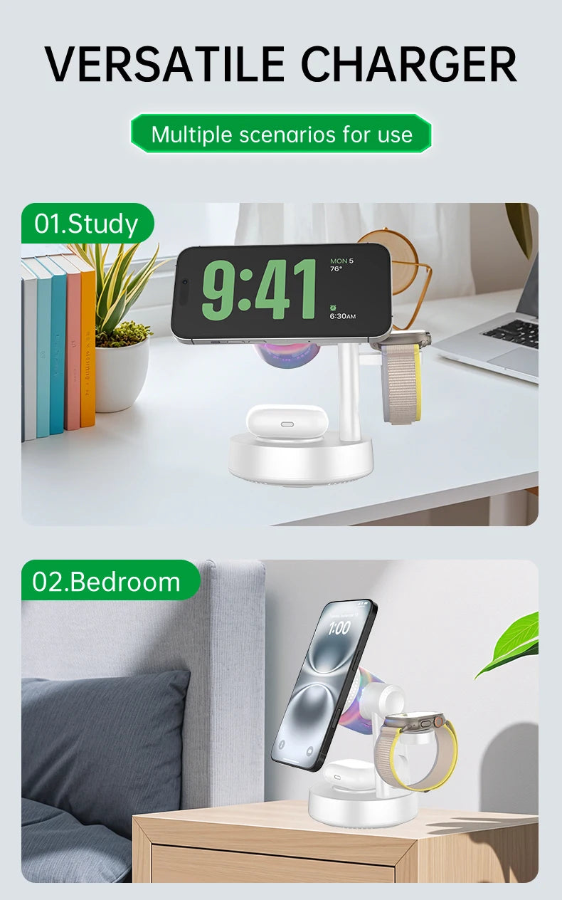 Altavoz Bluetooth QI2 de 25W 5.3 con Cargador Inalámbrico Magnético Rápido de 25W y Reloj Despertador para iPhone 17-12 Pro Max, Apple Watch y Airpods