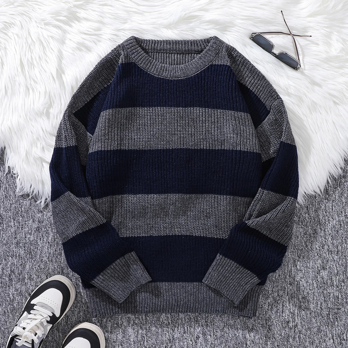 Nuevo Suéter de fondo suelto, jersey informal versátil a rayas, suéter de cuello redondo para hombre