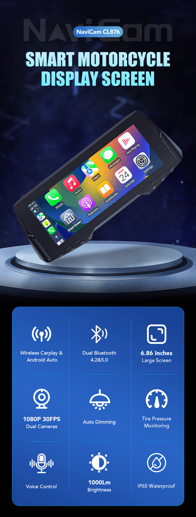 Spedal CL876 Gps inalámbrico para motocicleta, CarPlay/Android Auto, 6,86 pulgadas, 1080P, cámaras duales, grabación en bucle, monitoreo de presión de neumáticos