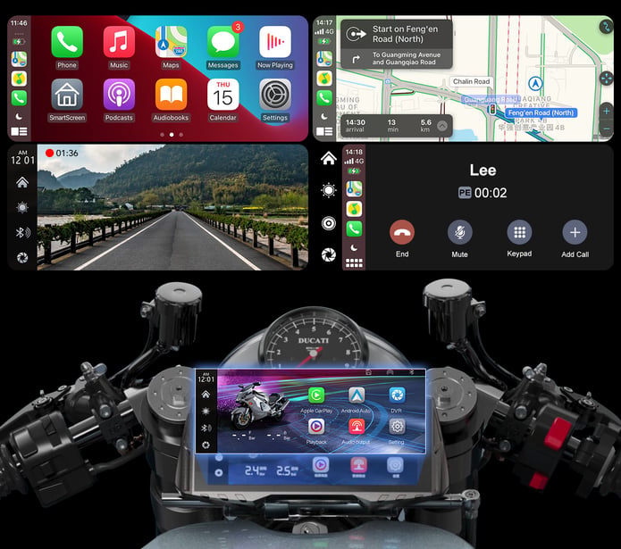 Spedal CL876 Gps inalámbrico para motocicleta, CarPlay/Android Auto, 6,86 pulgadas, 1080P, cámaras duales, grabación en bucle, monitoreo de presión de neumáticos